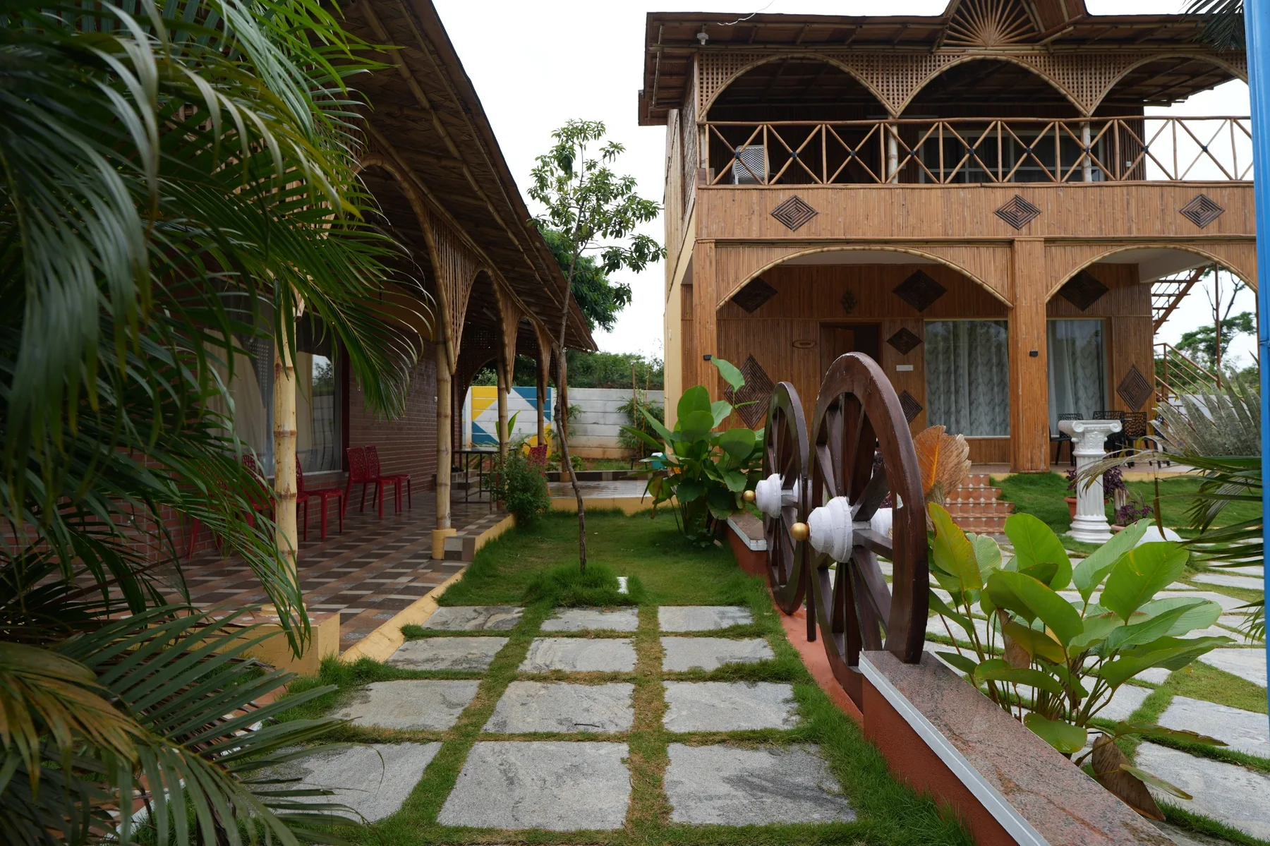 Garden path and bamboo building